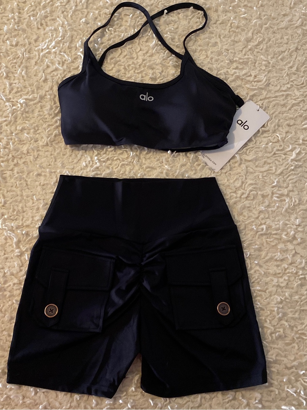 ALO Yoga Black Sports Bra and High-Waist Bike Shorts Set - Picture 2 of 2